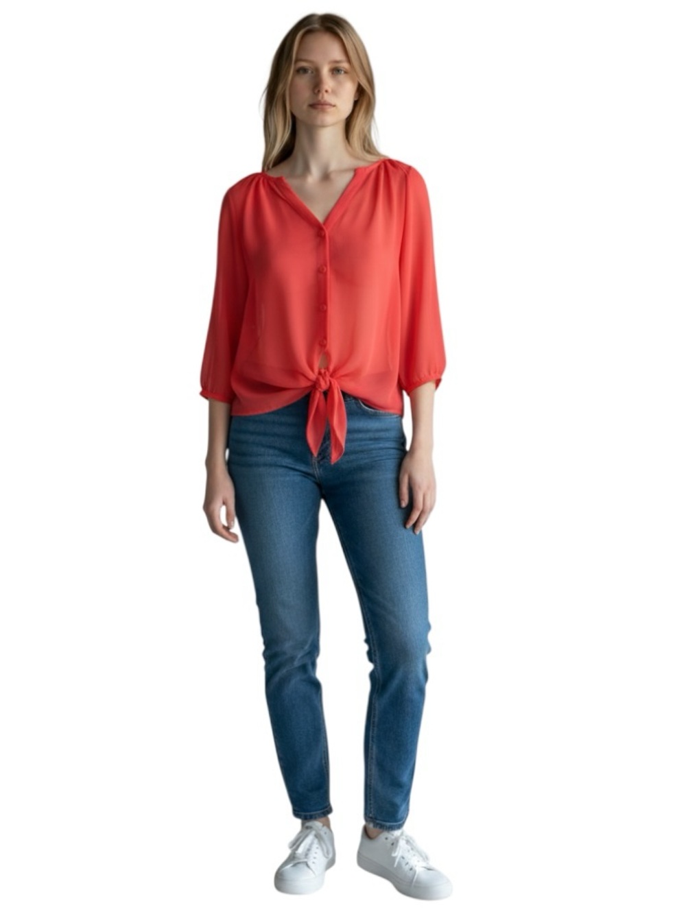 Tie-Front Button Up Blouse in Coral Size Small